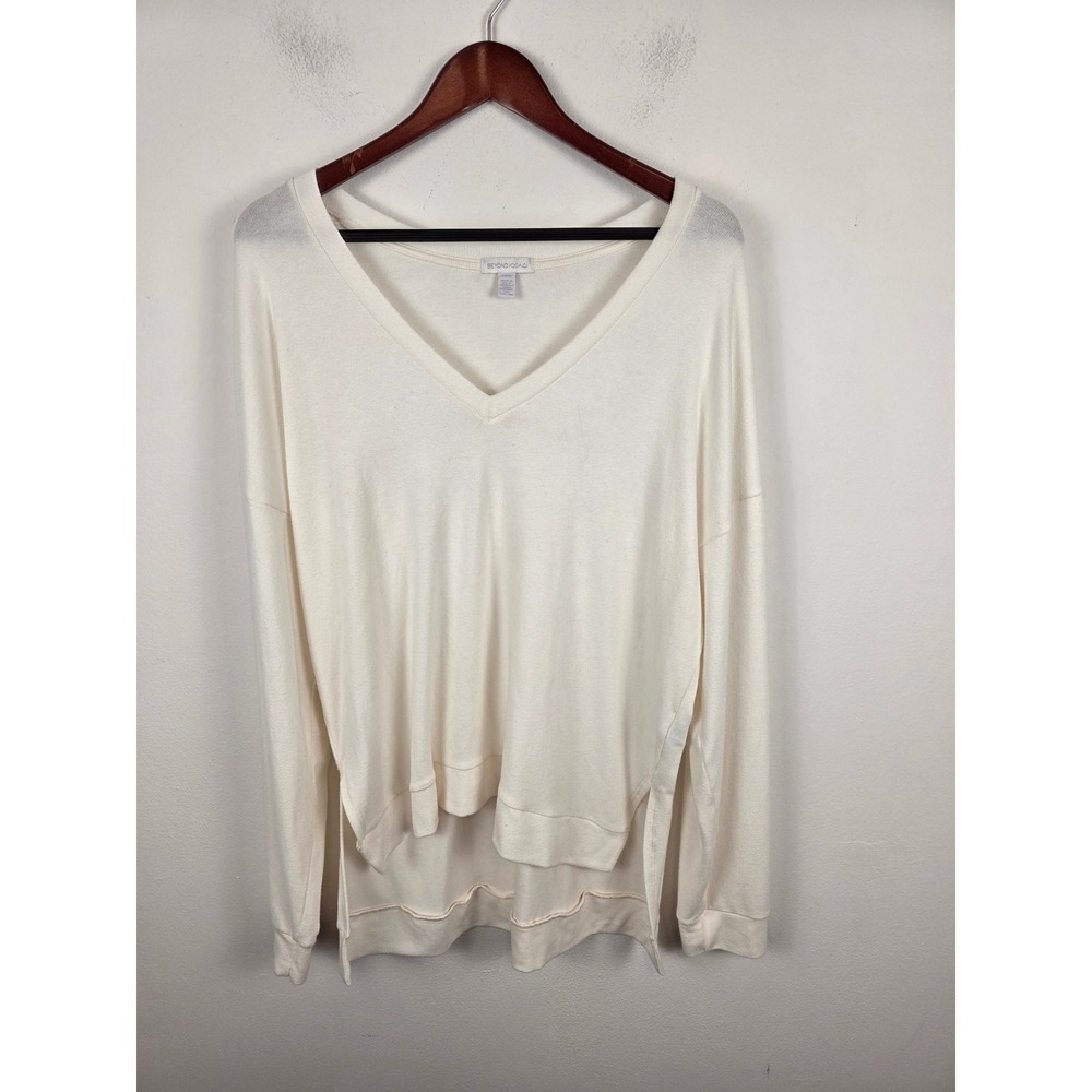 Beyond Yoga Let Loose Pullover Womens Cream White V-Neck High-Low Sweater Large
